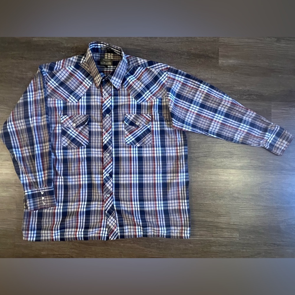 VTG Outlaw Western Wear Long Sleeve Pearl‎ Snap Plaid Pocket Square Tails 1X D40